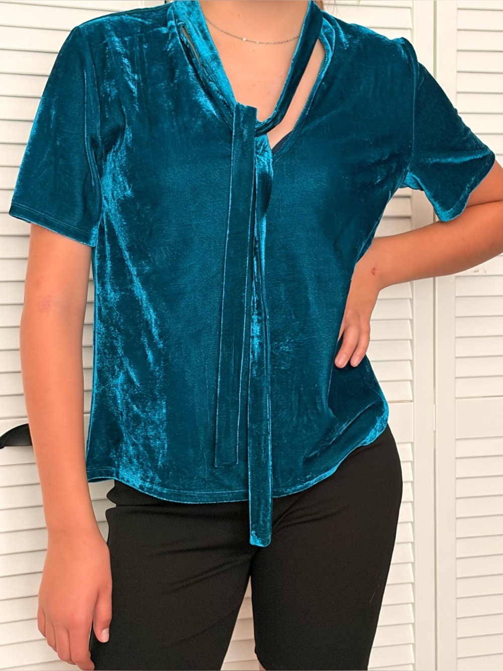 Anthropologie Velvet Teal Tie Front Short Sleeve Blouse
